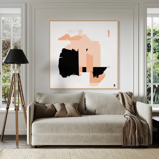 Modern geometric abstraction where peach shades and black contrasts create a strong visual dialogue.
