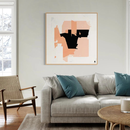 Modern abstract painting where rigid structures intersect with colored areas, creating a captivating visual energy.