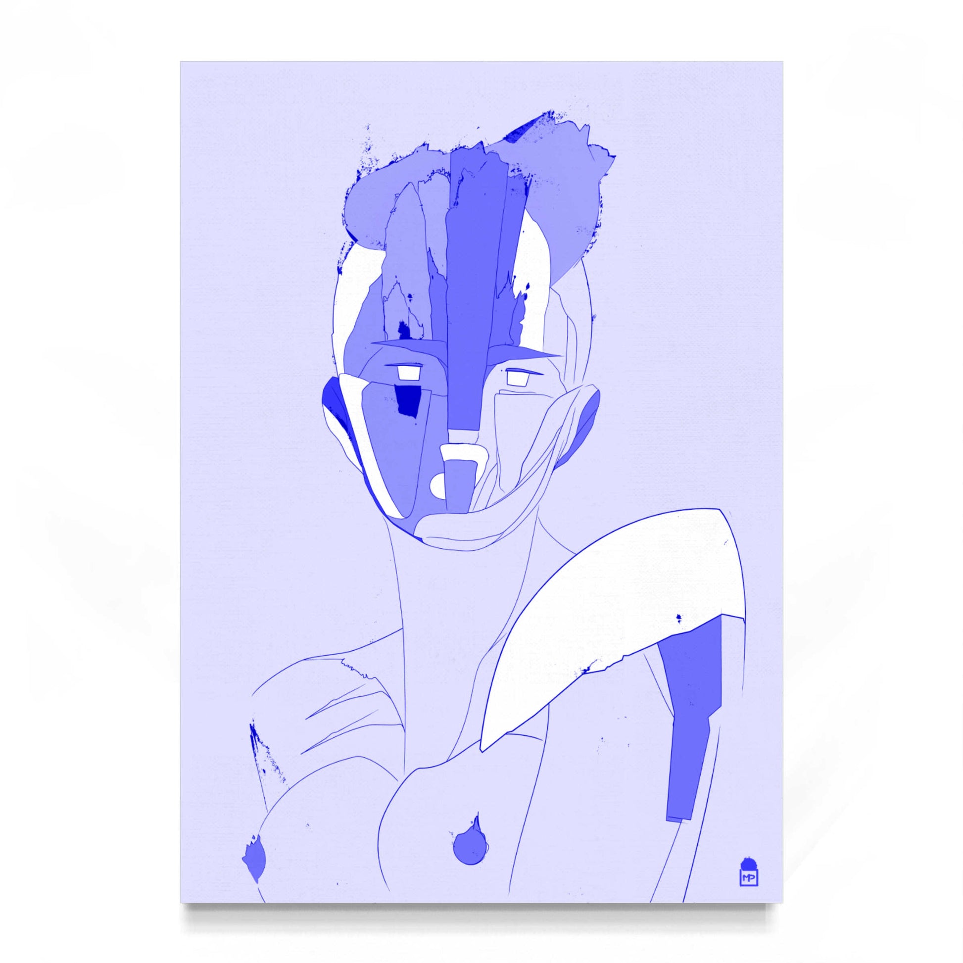 Blue and white abstract portrait, modern pop art with soft yet precise contrasts.