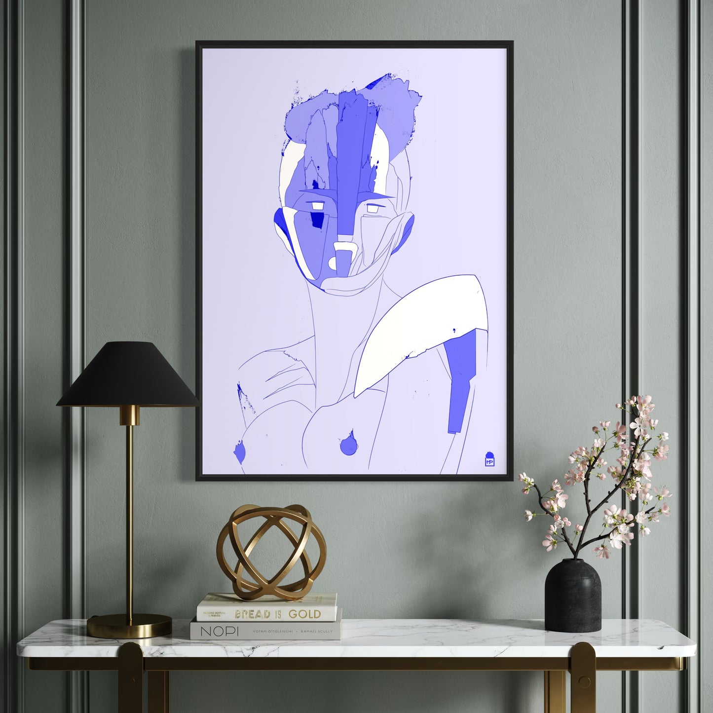 Blue abstract composition, refined blend of colorful pop art and minimalist painting.