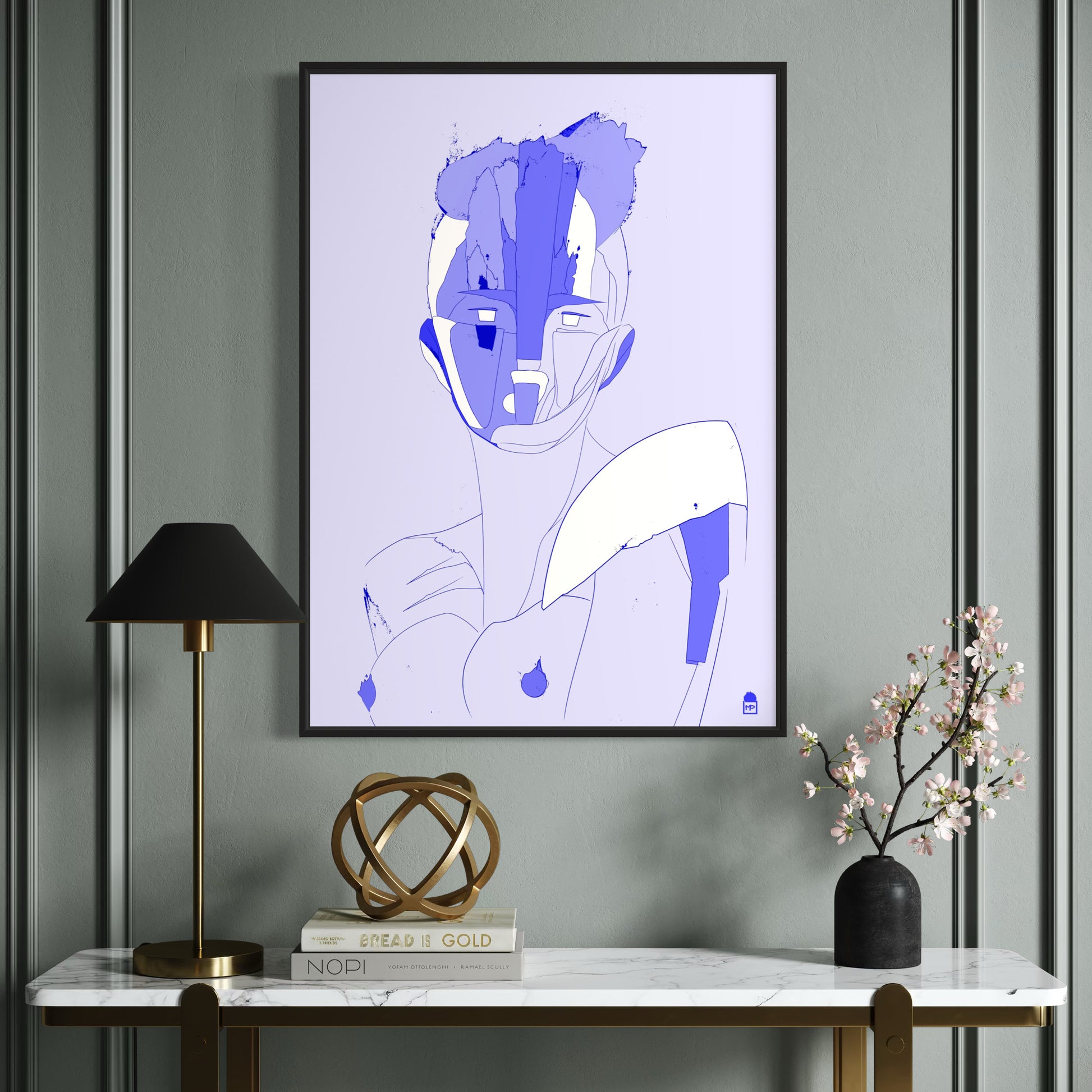Blue abstract composition, refined blend of colorful pop art and minimalist painting.