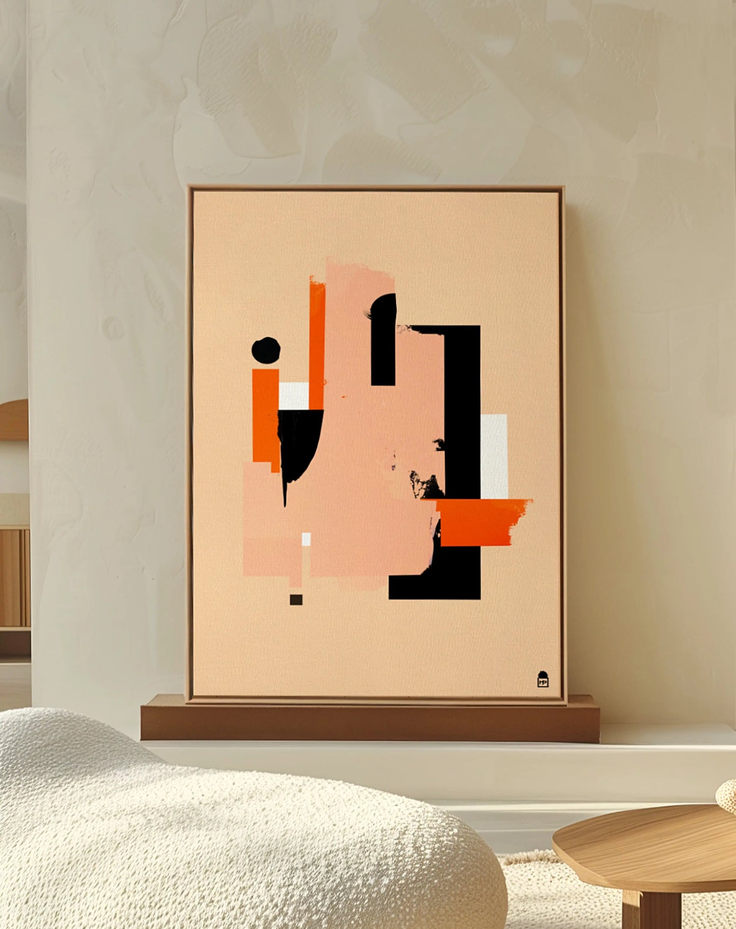Contemporary abstraction where geometric forms overlap in black, white, and orange, adding a modern touch.