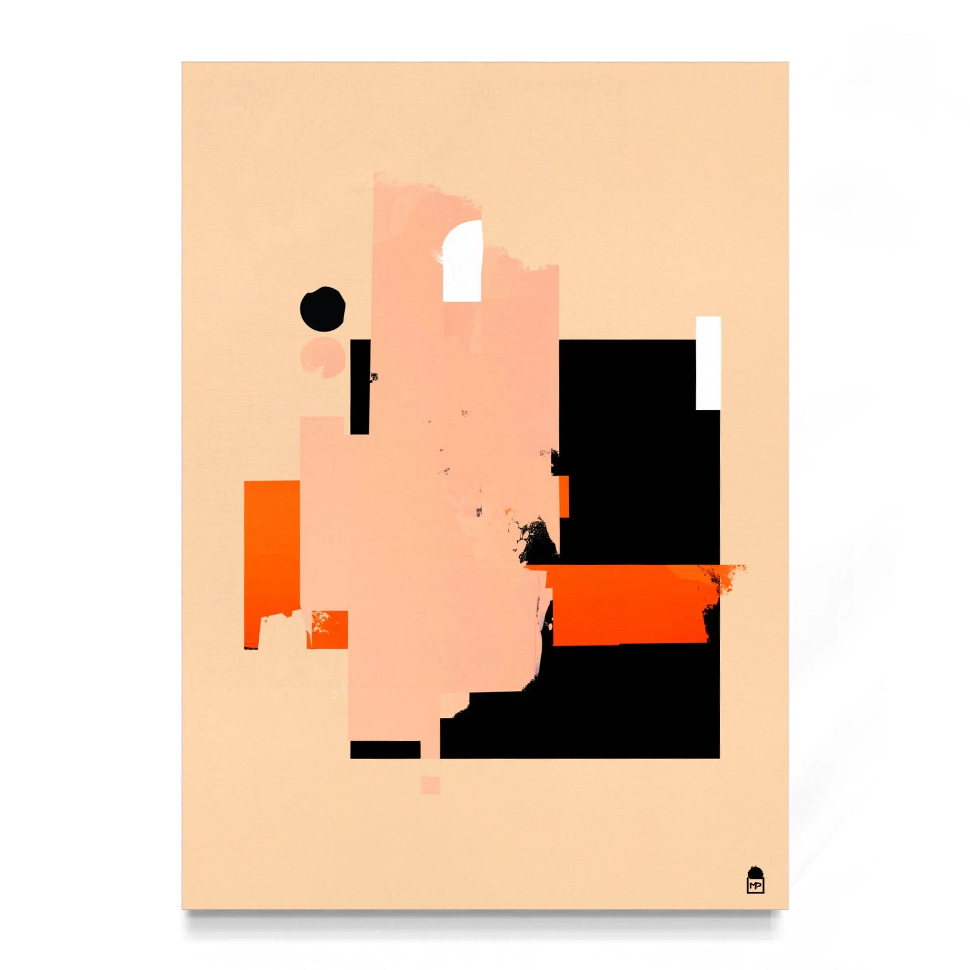 Contemporary abstract painting with geometric blocks of orange, black, and beige, creating a modern and decorative contrast.