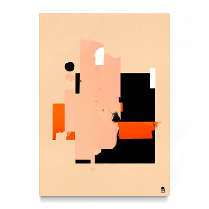 Contemporary abstract painting with geometric blocks of orange, black, and beige, creating a modern and decorative contrast.