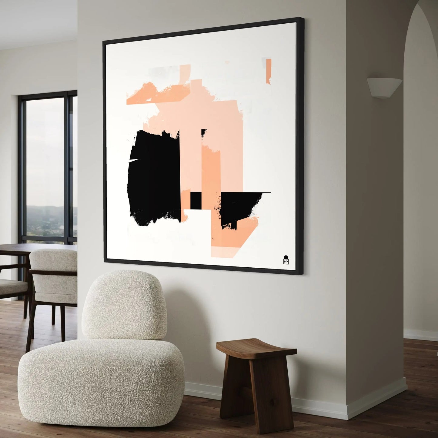 Abstract wall artwork where geometric blocks reveal a balanced and decorative composition.