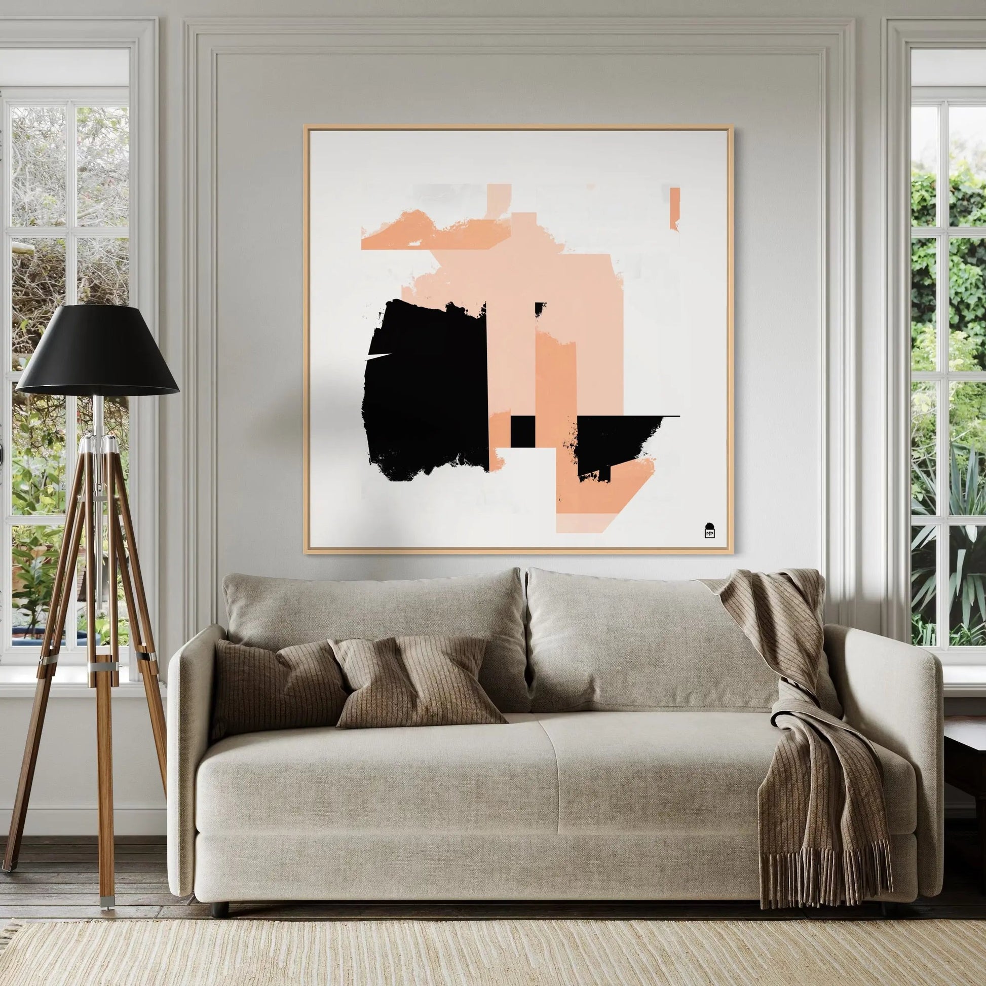 Modern geometric abstraction where peach shades and black contrasts create a strong visual dialogue.