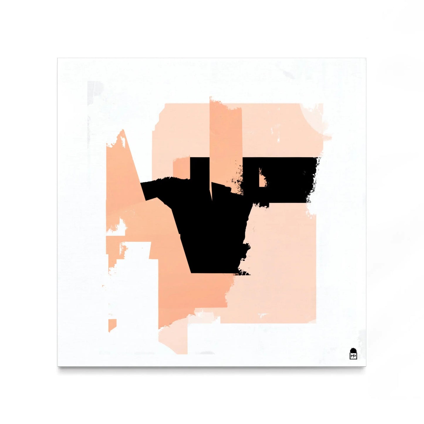 Contemporary abstraction with angular geometric shapes, dominated by soft tones and strong black contrasts.