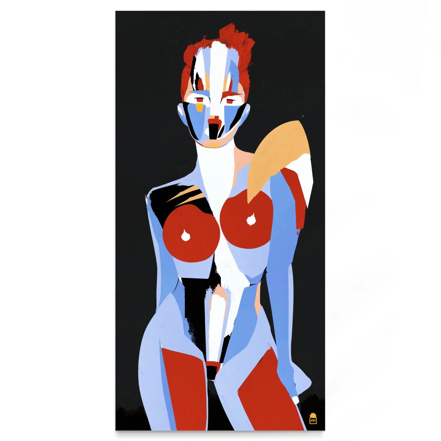 Abstract body glowing in red and blue, contemporary painting for wall decoration.