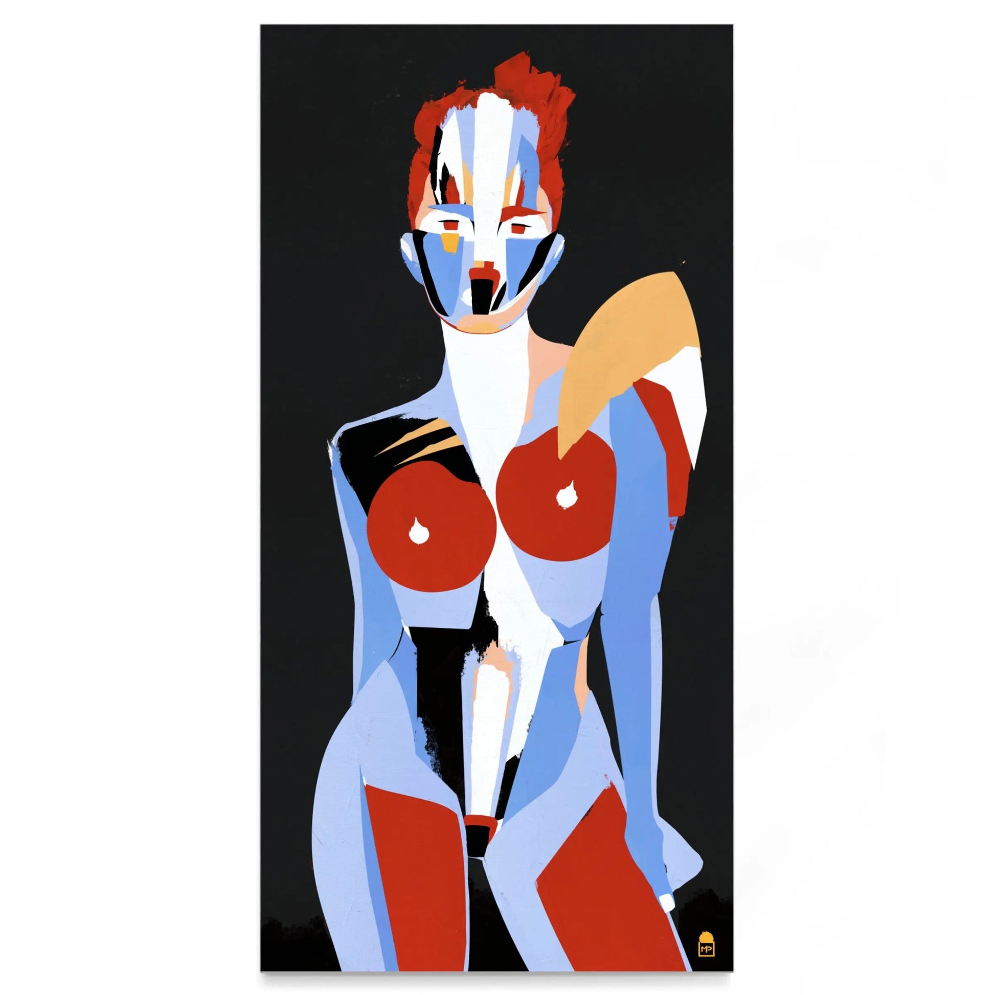 Abstract body glowing in red and blue, contemporary painting for wall decoration.