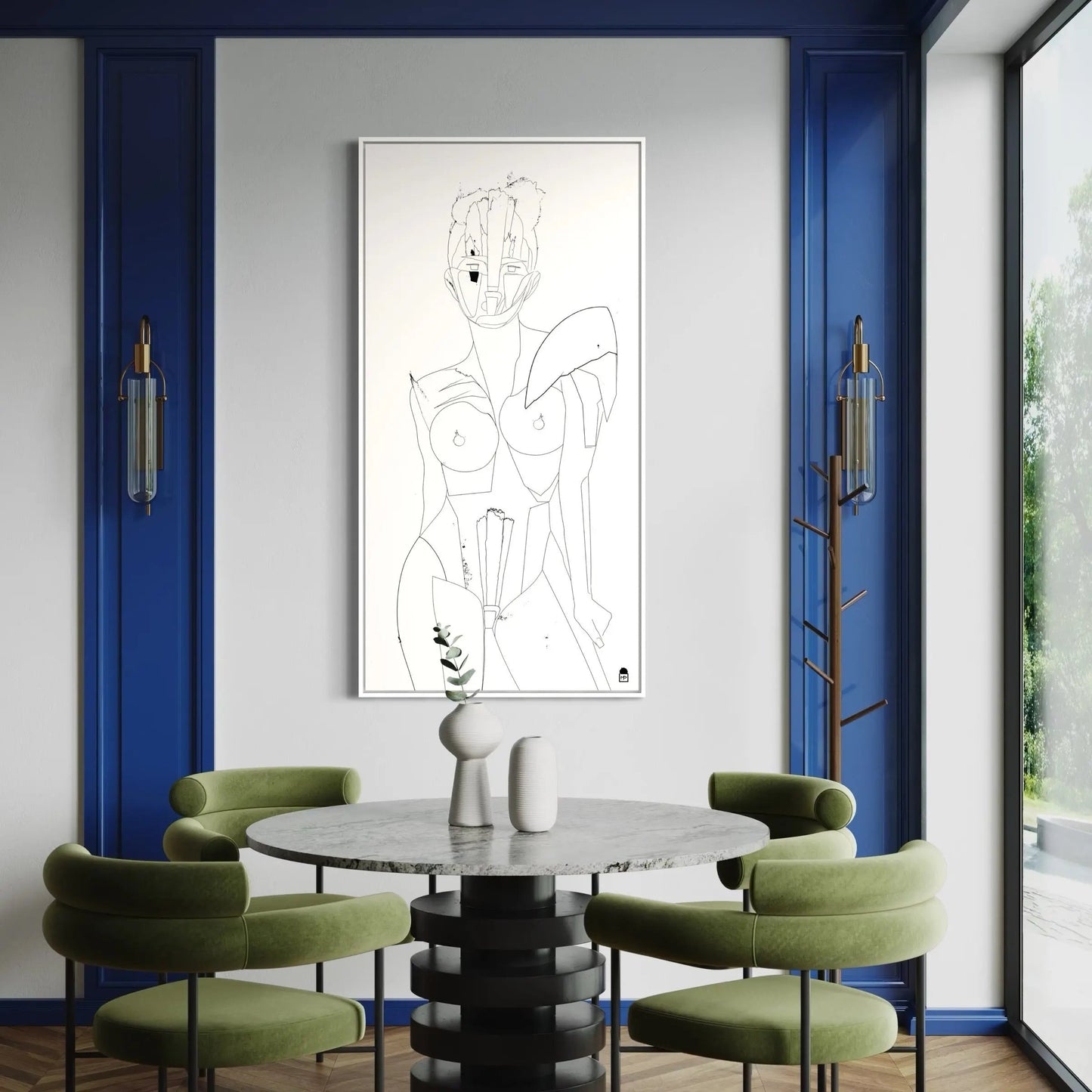 Fragmented stylized silhouette, modern abstract painting perfect for wall art.