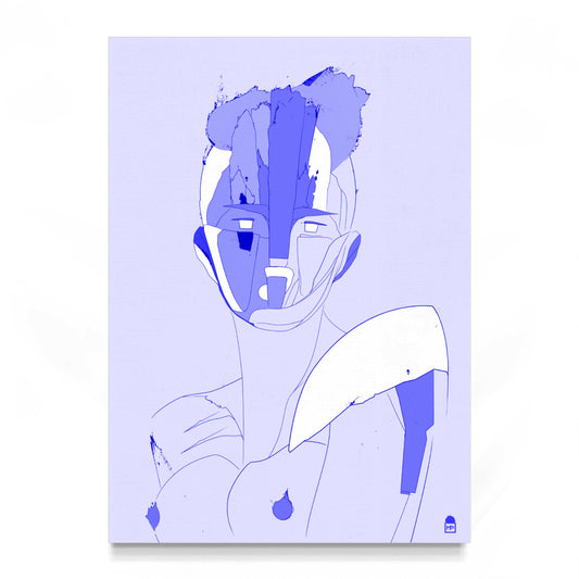 Blue and white abstract portrait, modern pop art with soft yet precise contrasts.