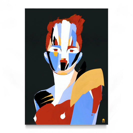 Abstract portrait in red and blue on dark background, contemporary painting for wall decoration.