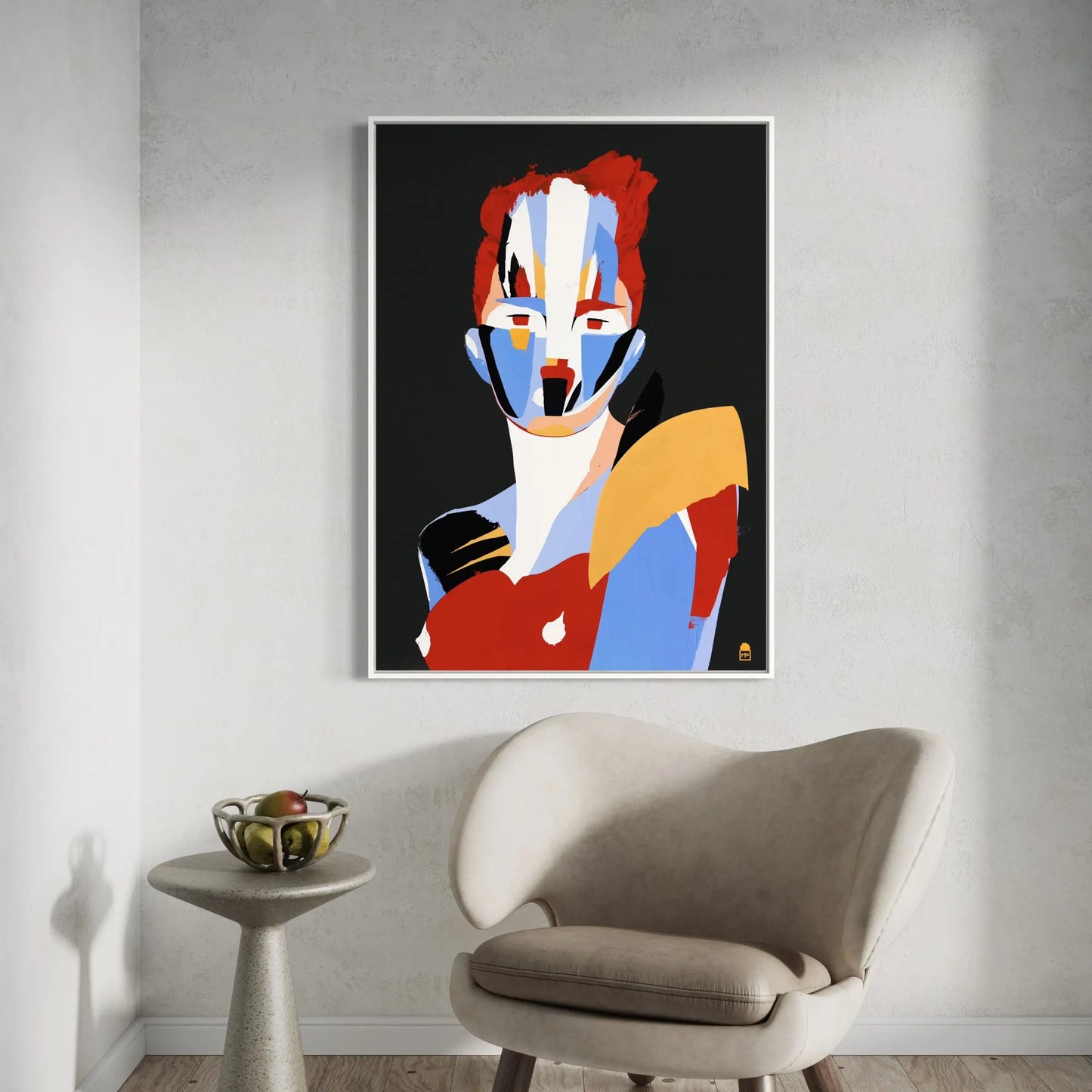 Radiant geometric face, modern colorful abstract painting perfect for wall art.