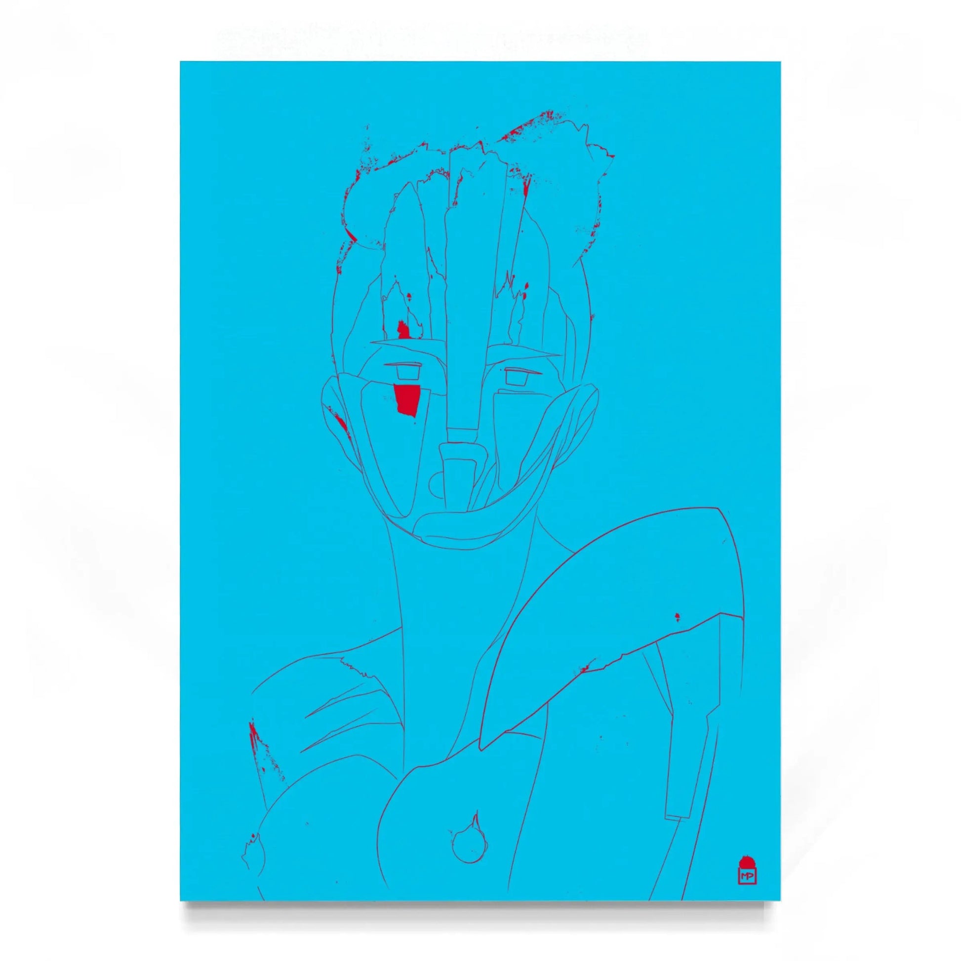 Cyan and red abstract portrait, modern pop art painting with bold and delicate lines.