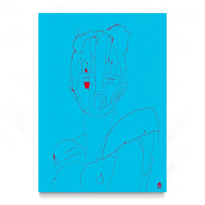 Cyan and red abstract portrait, modern pop art painting with bold and delicate lines.