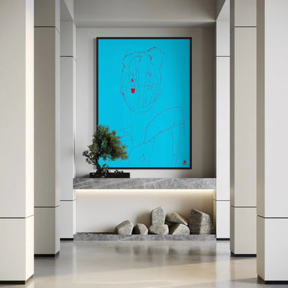 Radiant cyan feminine silhouette, vibrant contemporary art with subtle colorful details.