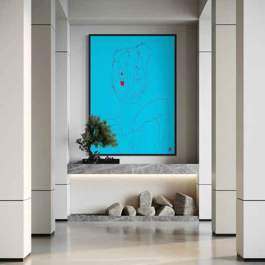 Radiant cyan feminine silhouette, vibrant contemporary art with subtle colorful details.