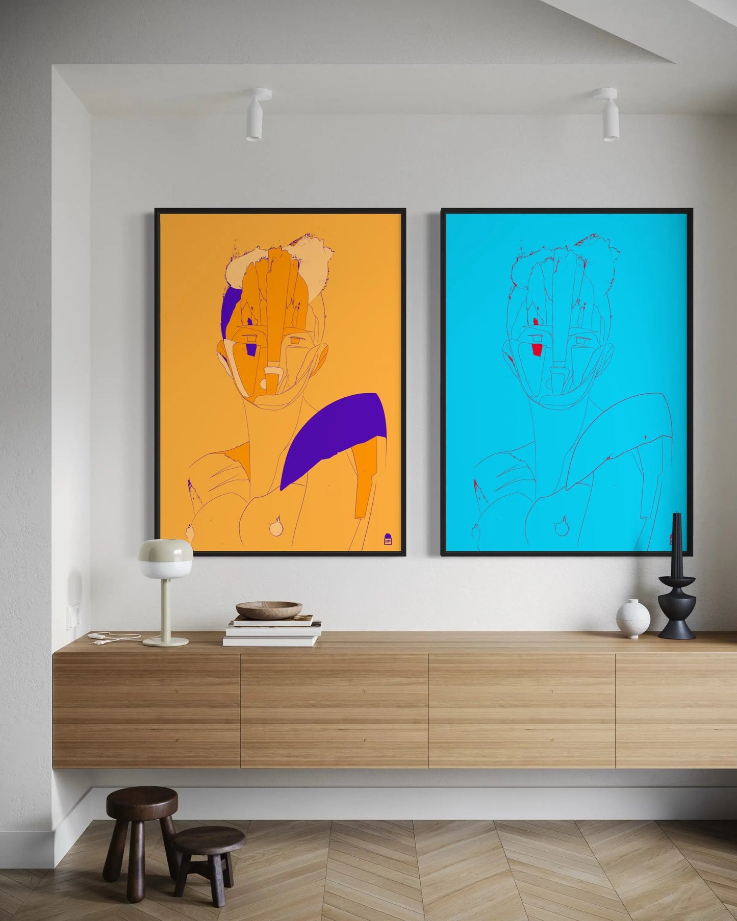 Cyan abstract composition, bright red accents, modern painting between pop art and minimalism.