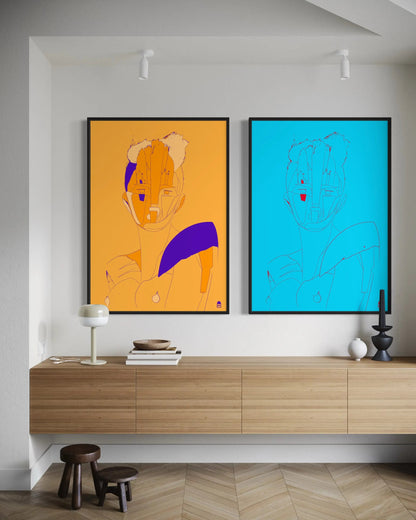 Cyan abstract composition, bright red accents, modern painting between pop art and minimalism.