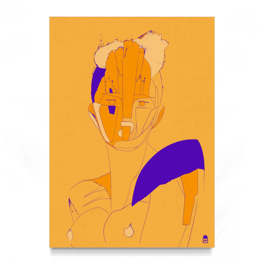 Bright orange and violet abstract portrait, modern pop art with energetic graphic style.