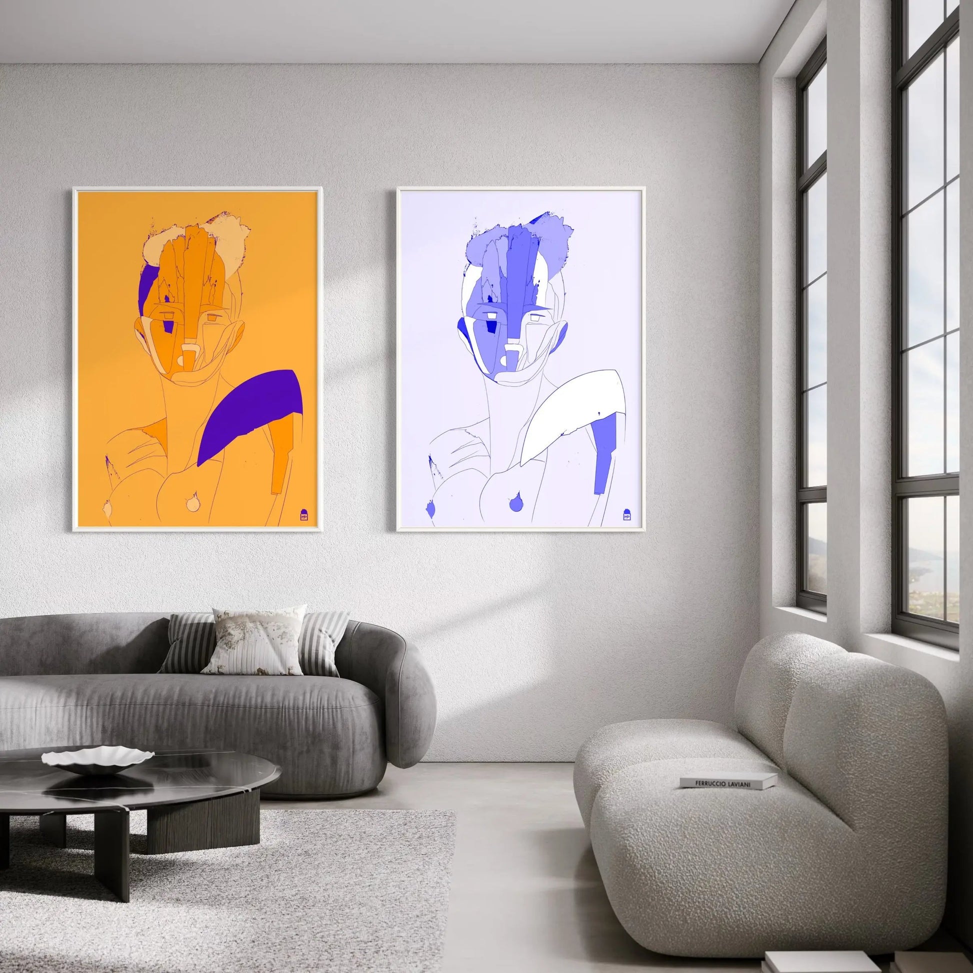 Bold orange and violet composition, modern abstract painting inspired by pop art.