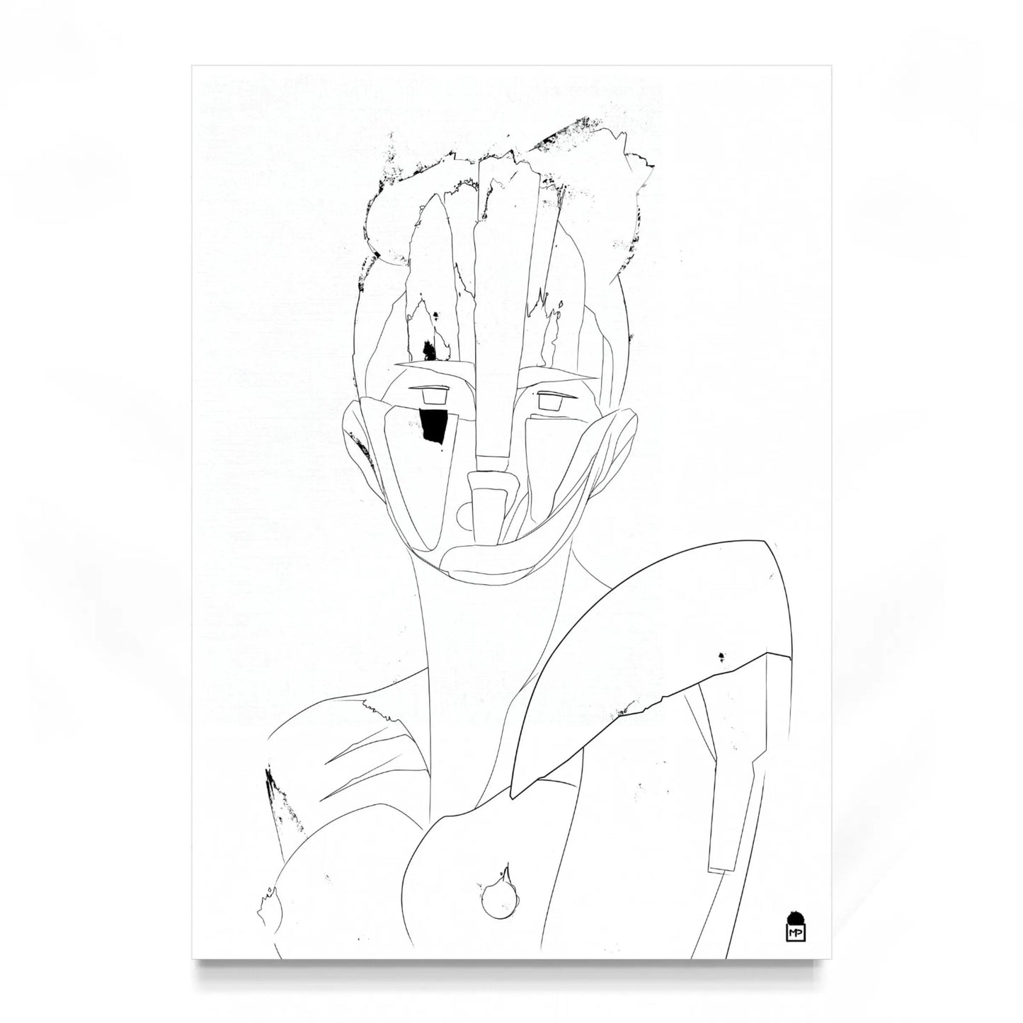 Abstract portrait sketched in black lines, modern painting for wall art.
