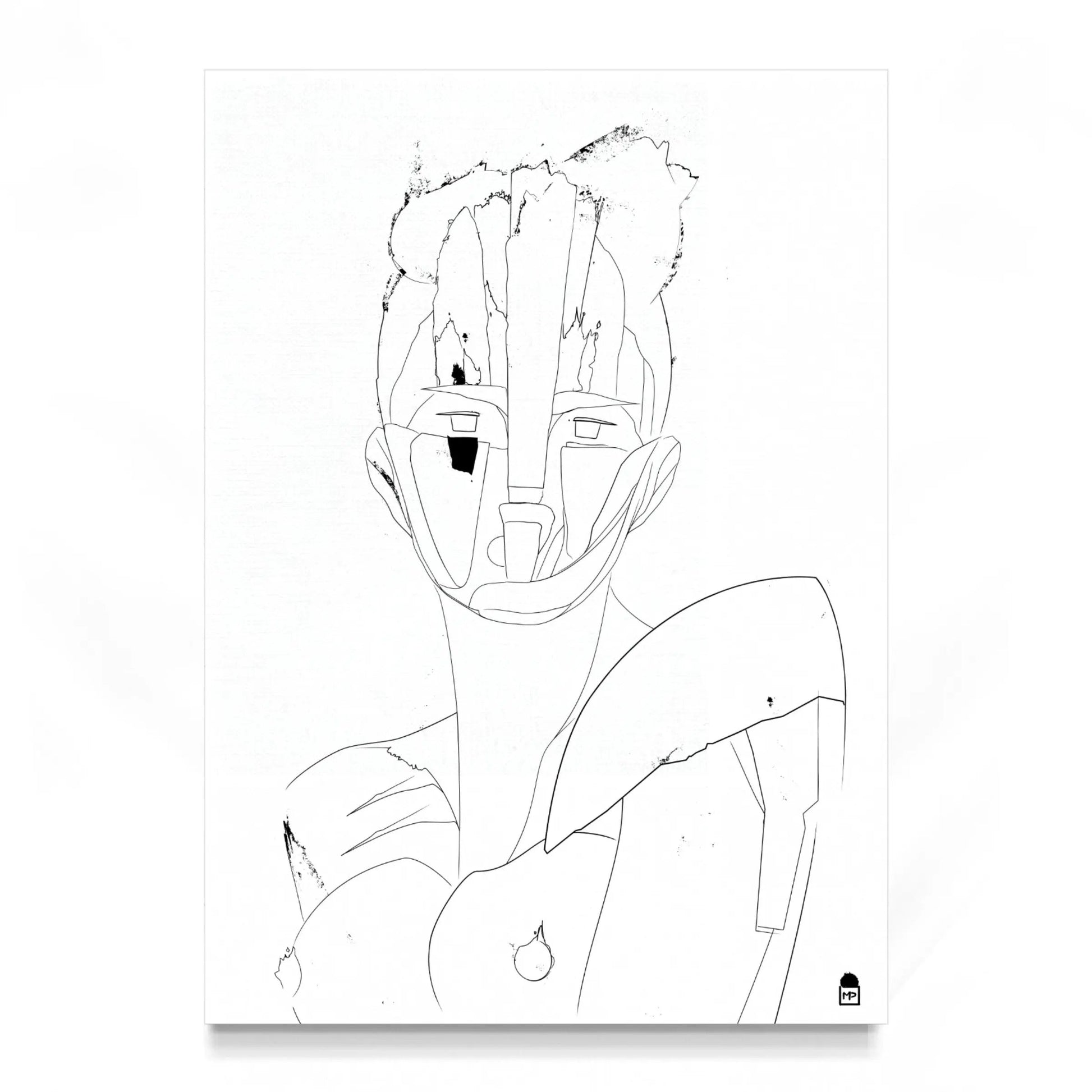Abstract portrait sketched in black lines, modern painting for wall art.
