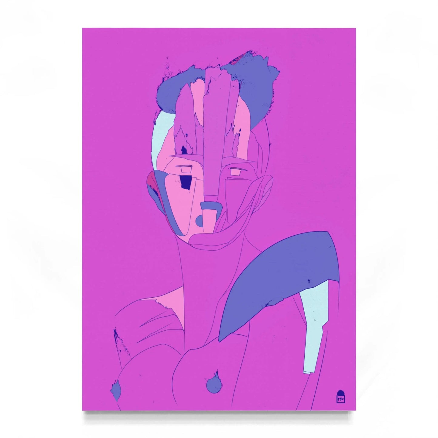 Purple and blue abstract portrait, modern pop art painting with a minimal graphic style.