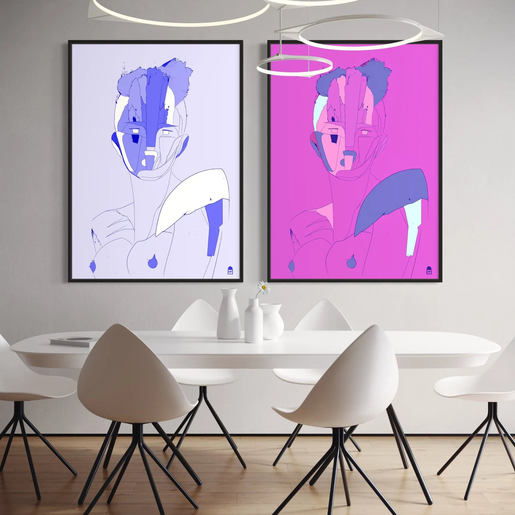 Bold composition in purple and blue tones, between colorful abstract painting and pop art.