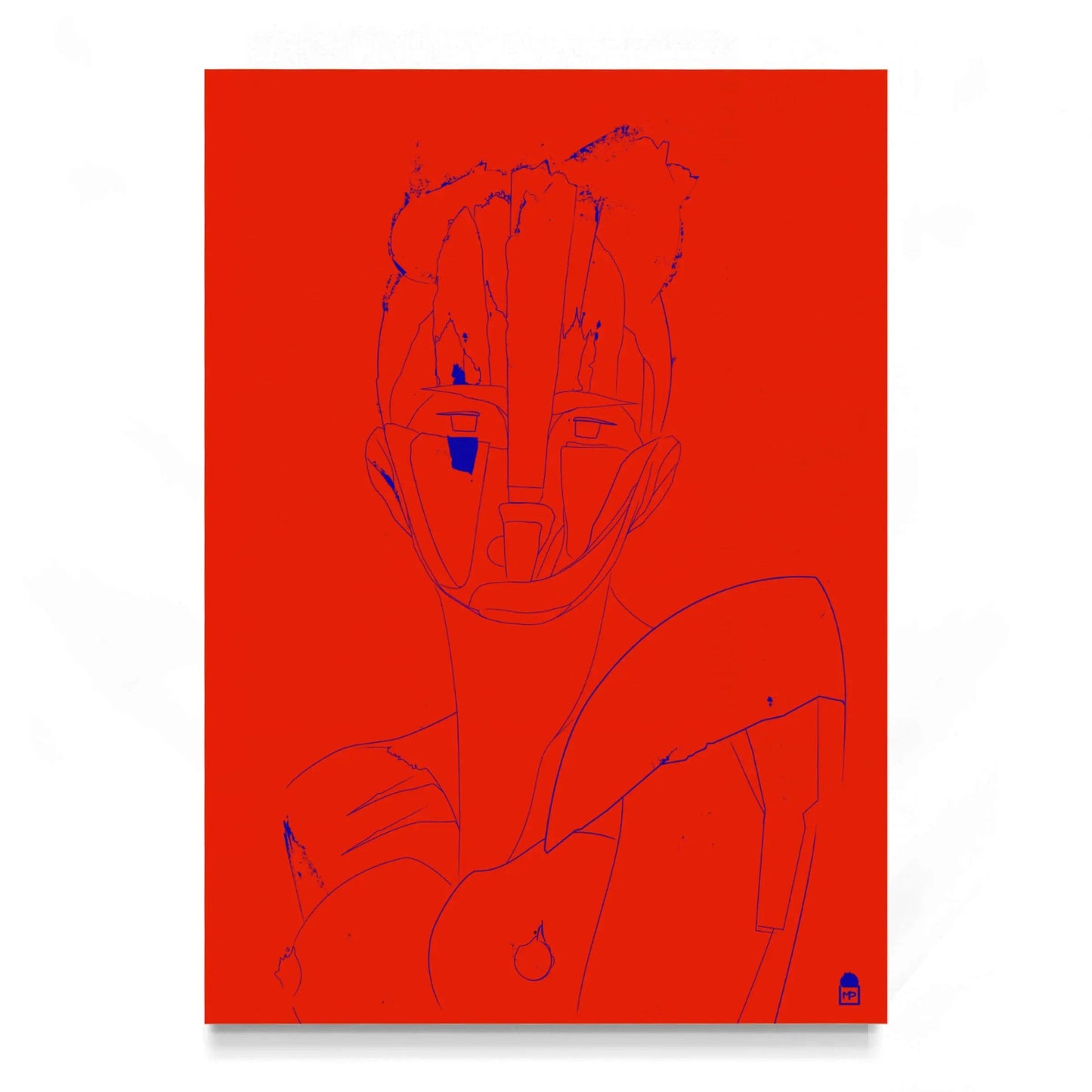Bold red and blue abstract portrait, modern pop art with a strong graphic presence.