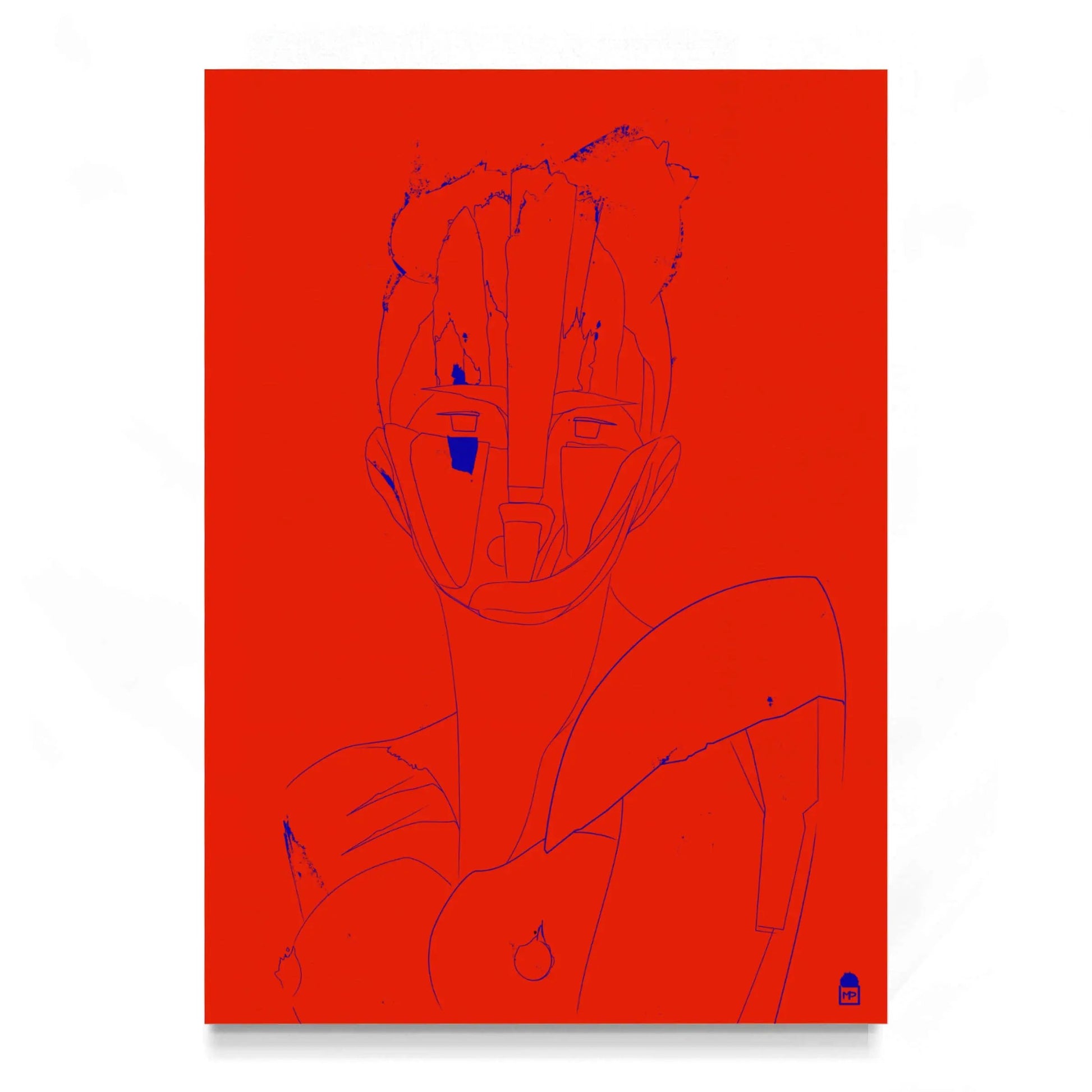 Bold red and blue abstract portrait, modern pop art with a strong graphic presence.
