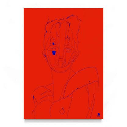 Bold red and blue abstract portrait, modern pop art with a strong graphic presence.
