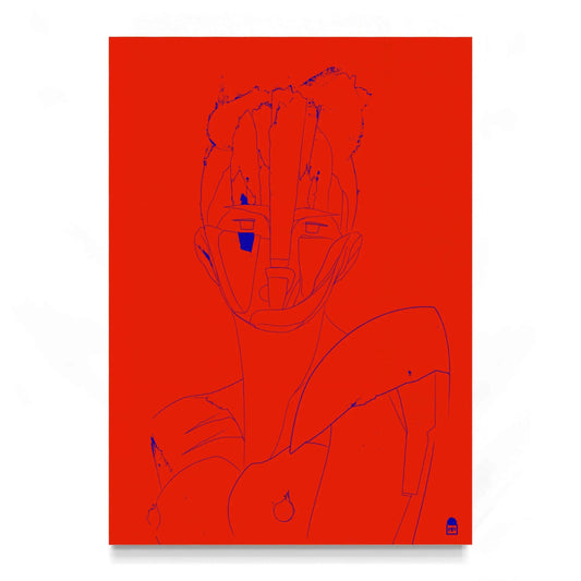 Bold red and blue abstract portrait, modern pop art with a strong graphic presence.