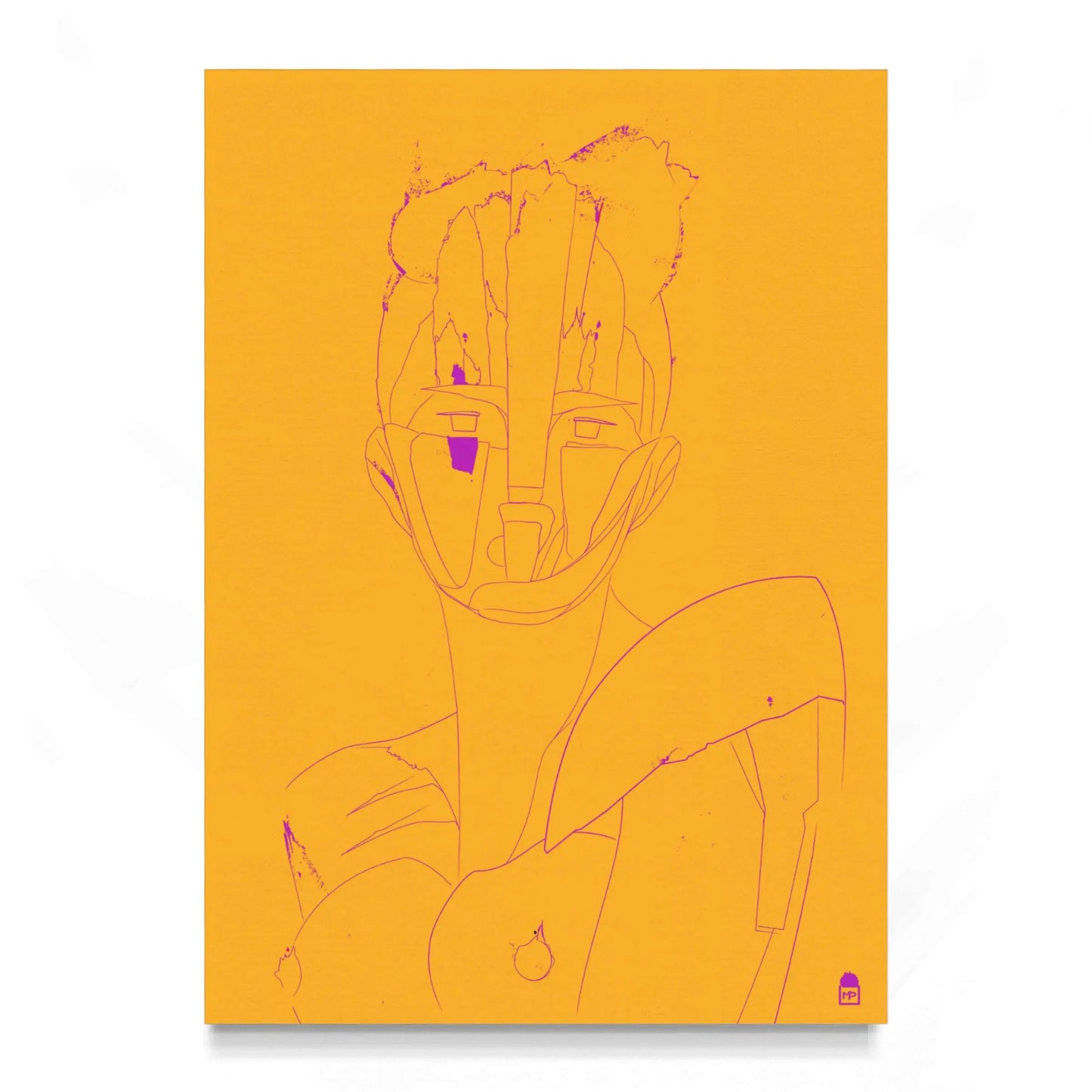 Bright yellow and violet abstract portrait, luminous pop art with graphic design.