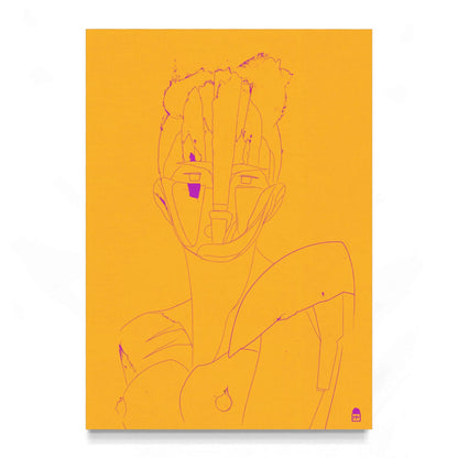 Bright yellow and violet abstract portrait, luminous pop art with graphic design.