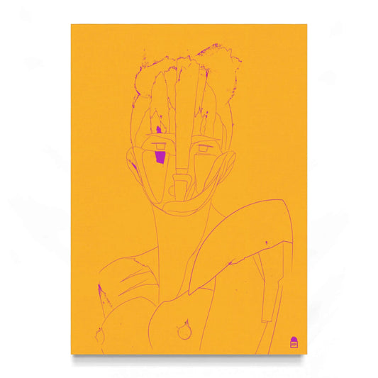 Bright yellow and violet abstract portrait, luminous pop art with graphic design.