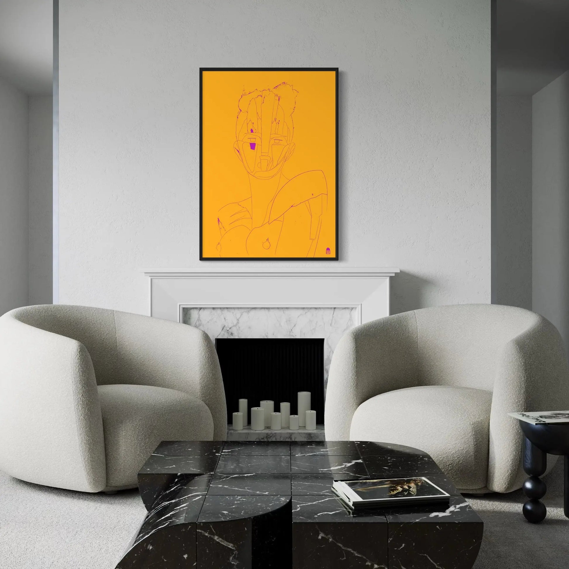 Yellow and violet abstract composition, modern painting blending pop art and minimalism.