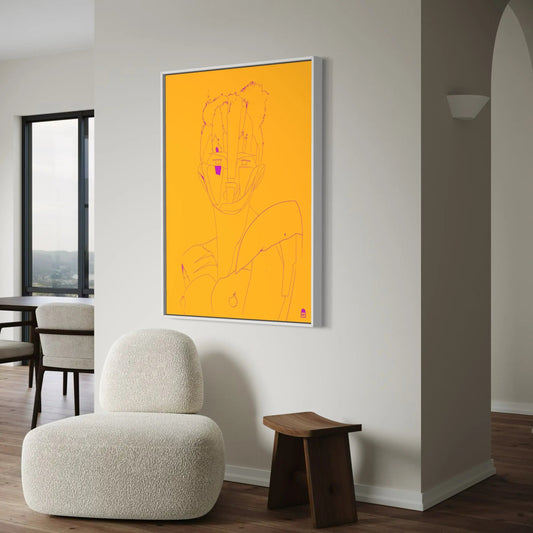 Radiant feminine silhouette in bright yellow, colorful and decorative contemporary painting.