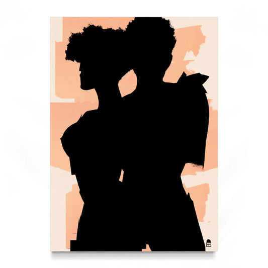 Two black silhouettes merging on peach background, contemporary abstract painting.