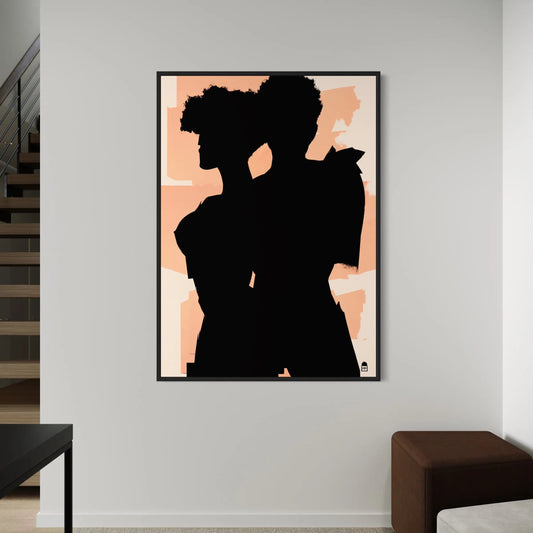 Contrasting twin shadows, modern abstract painting ideal for wall decoration.