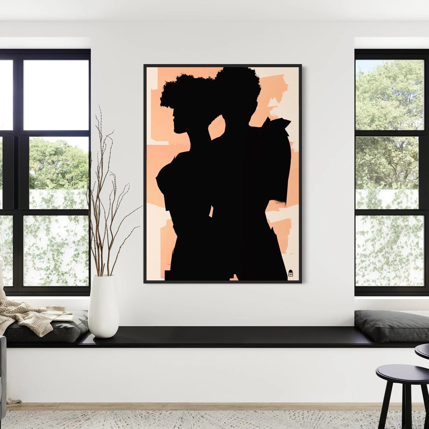 Dark figures merging on bright background, contemporary colorful abstract painting.