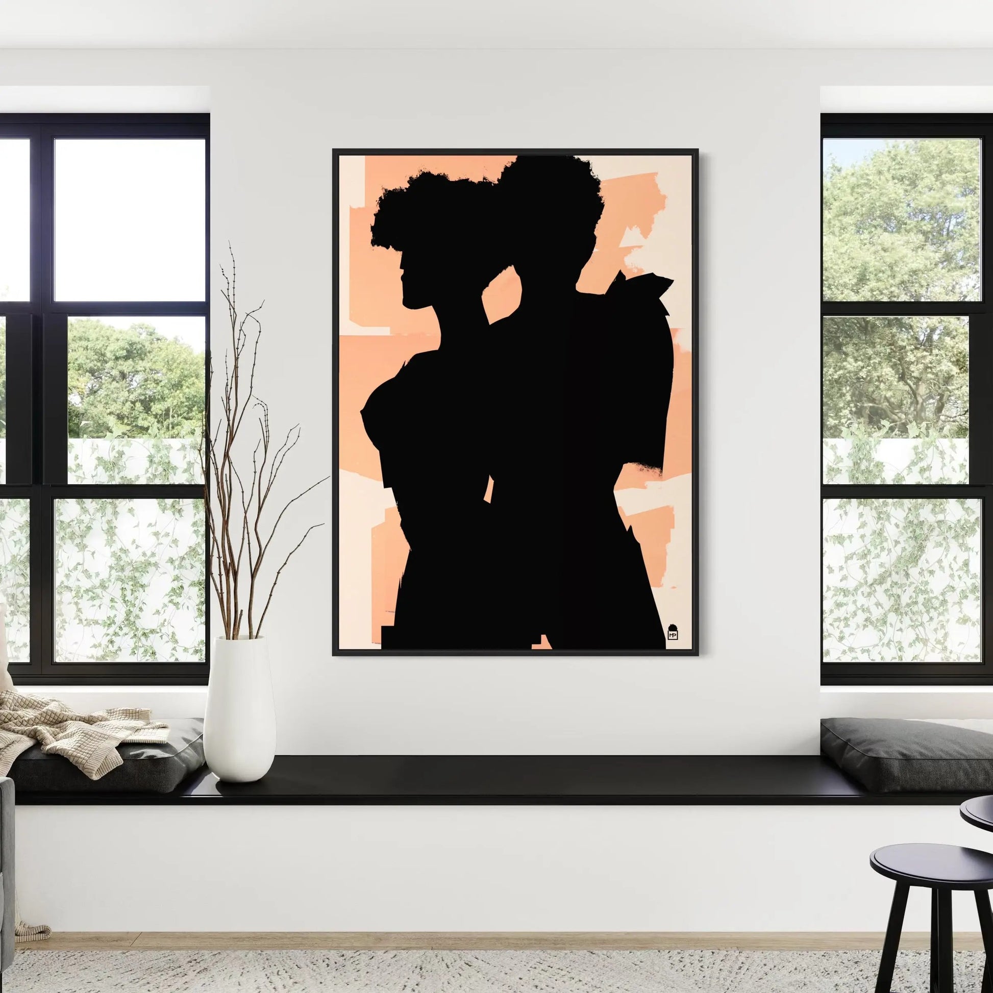 Dark figures merging on bright background, contemporary colorful abstract painting.