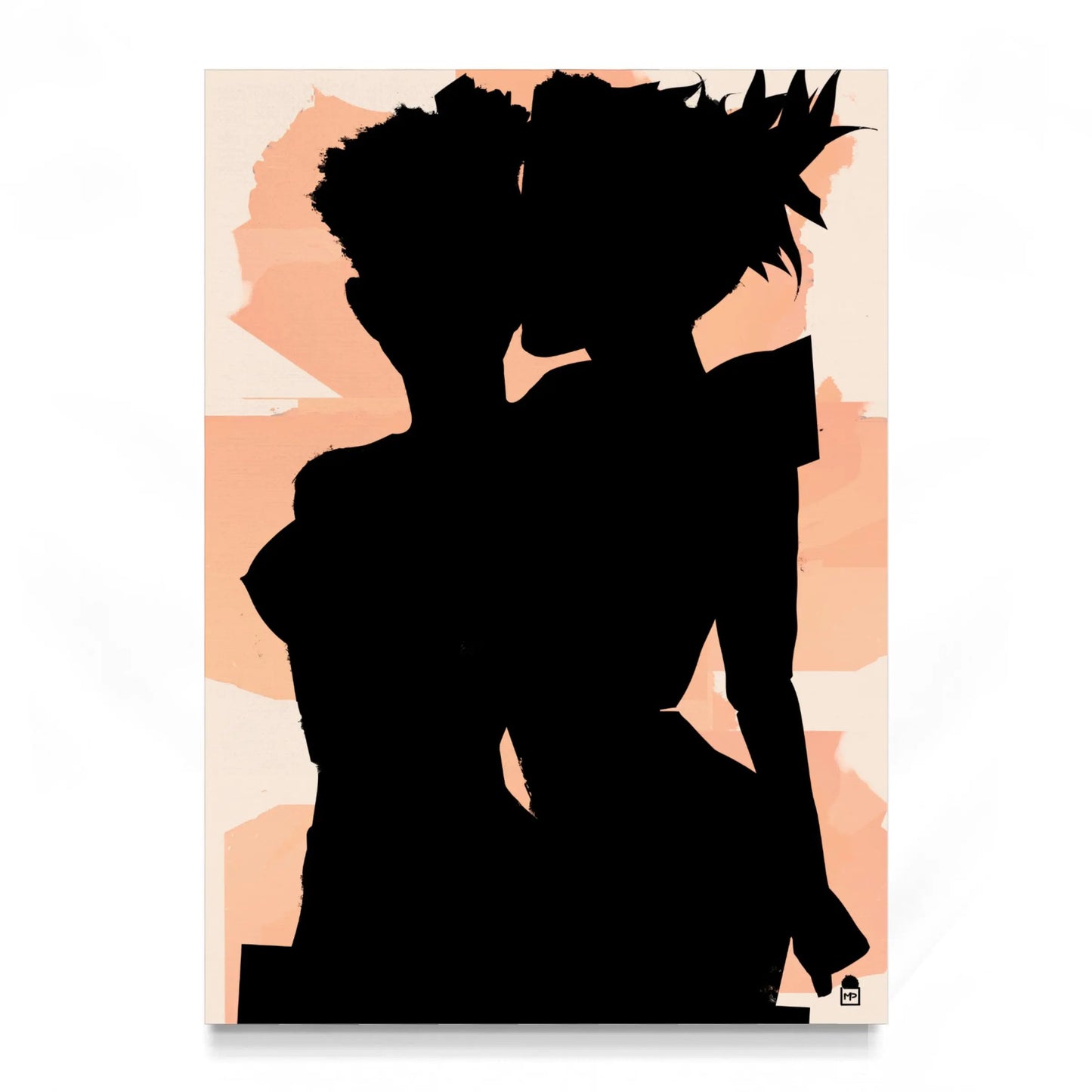 Dark silhouettes intertwined on pastel background, contemporary abstract wall painting.