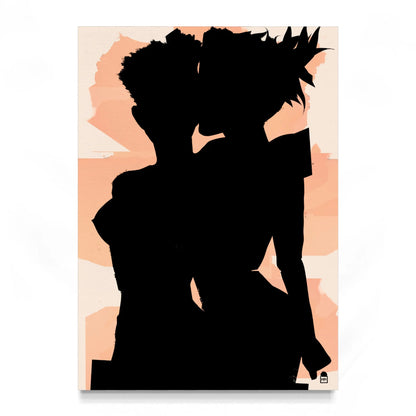 Dark silhouettes intertwined on pastel background, contemporary abstract wall painting.