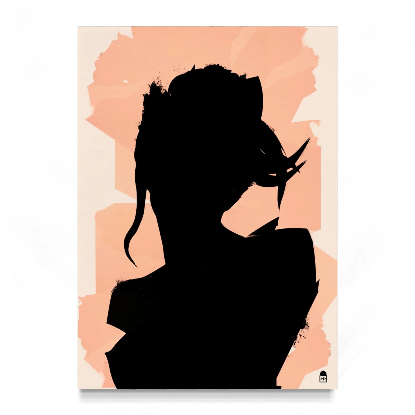 Elegant dark silhouette on bright peach background, contemporary wall painting.