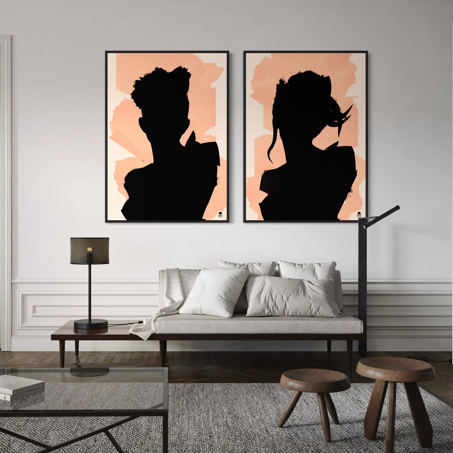 Dark figure revealed by bright background, decorative contemporary abstract painting.