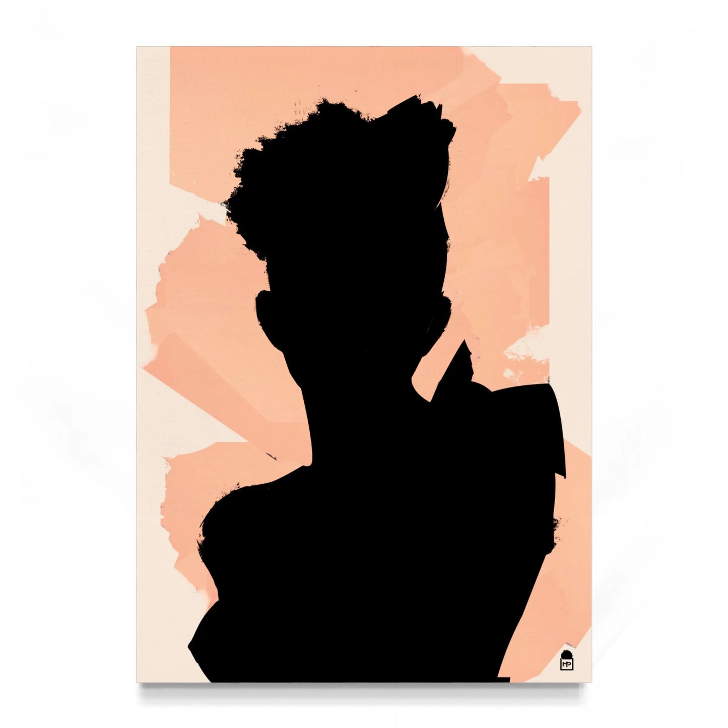 Dark silhouette standing on peach background, modern abstract wall painting.