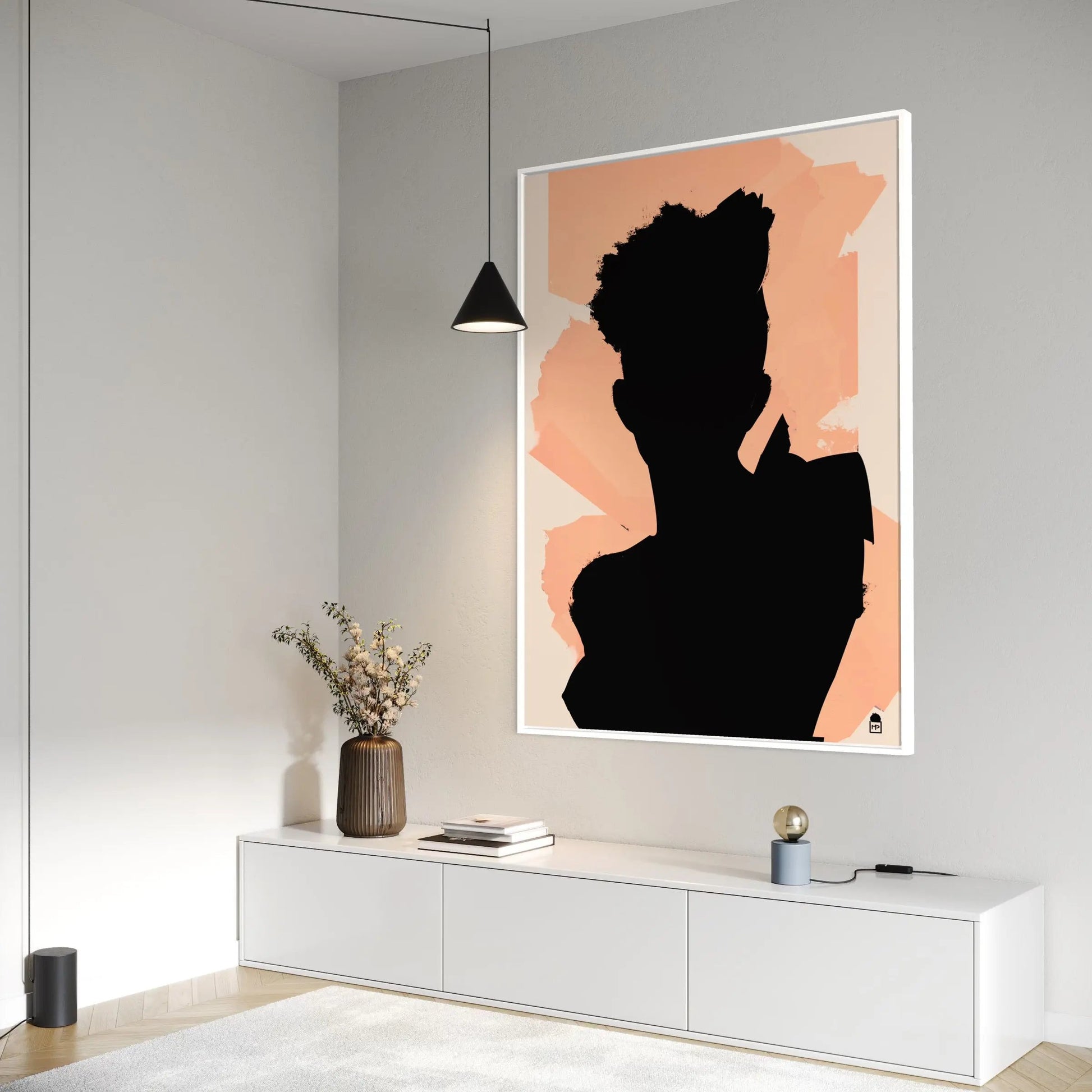 Black figure on bright orange background, colorful contemporary abstract painting.