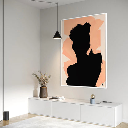 Black figure on bright orange background, colorful contemporary abstract painting.