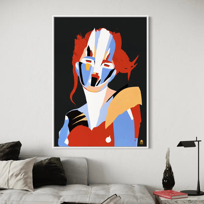 Stylized face in red and blue, modern abstract painting perfect for artistic interiors.